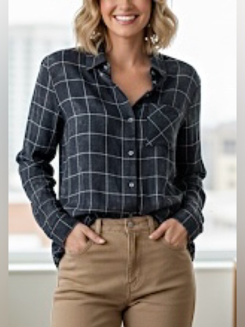 NWT Hem & Thread Washed Charcoal with Tan Checkered Button Down Shirt